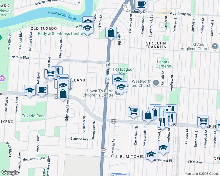 map of restaurants, bars, coffee shops, grocery stores, and more near 265-313 Carpathia Rd in Winnipeg