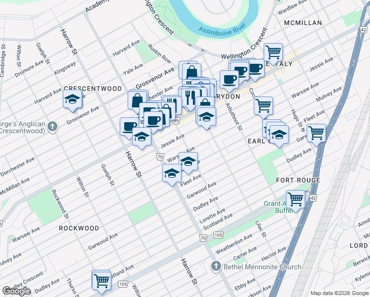 map of restaurants, bars, coffee shops, grocery stores, and more near 879 Warsaw Avenue in Winnipeg