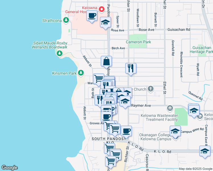 map of restaurants, bars, coffee shops, grocery stores, and more near 2602 Pandosy Street in Kelowna