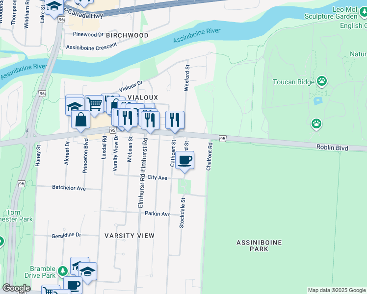 map of restaurants, bars, coffee shops, grocery stores, and more near 224 Wexford Street in Winnipeg