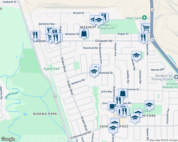 map of restaurants, bars, coffee shops, grocery stores, and more near 75 Frontenac Bay in Winnipeg