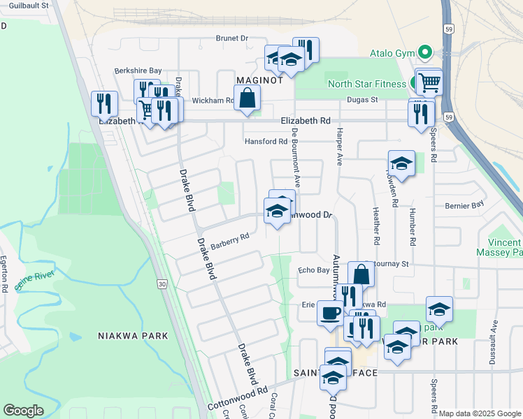 map of restaurants, bars, coffee shops, grocery stores, and more near 75 Frontenac Bay in Winnipeg