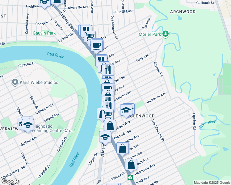 map of restaurants, bars, coffee shops, grocery stores, and more near 12 Essex Avenue in Winnipeg
