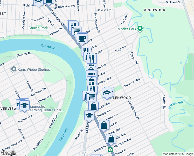 map of restaurants, bars, coffee shops, grocery stores, and more near 12 Essex Avenue in Winnipeg