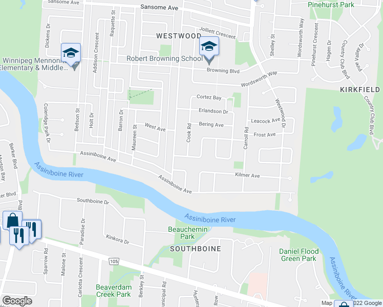 map of restaurants, bars, coffee shops, grocery stores, and more near 115 Columbus Crescent in Winnipeg