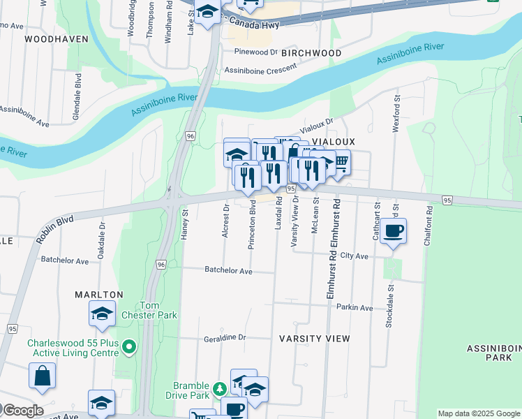 map of restaurants, bars, coffee shops, grocery stores, and more near 225 Princeton Boulevard in Winnipeg