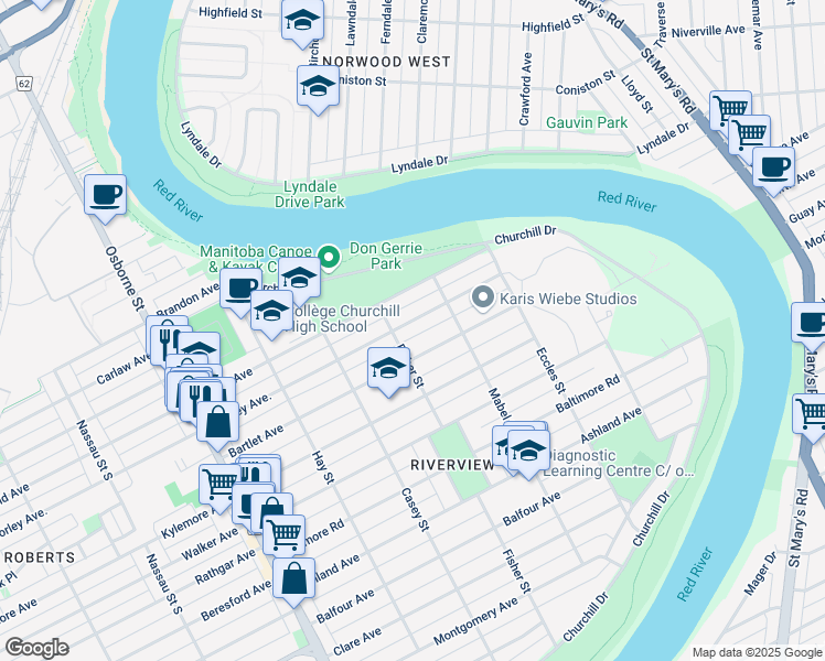 map of restaurants, bars, coffee shops, grocery stores, and more near in Winnipeg