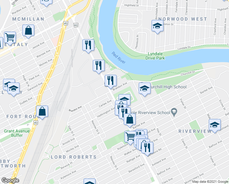 map of restaurants, bars, coffee shops, grocery stores, and more near 432 Brandon Avenue in Winnipeg