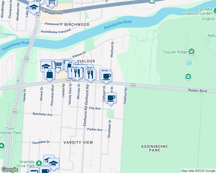 map of restaurants, bars, coffee shops, grocery stores, and more near 224 Wexford Street in Winnipeg