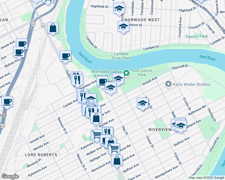 map of restaurants, bars, coffee shops, grocery stores, and more near 510 Hay Street in Winnipeg
