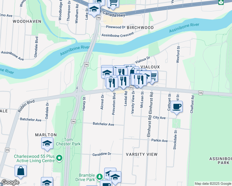 map of restaurants, bars, coffee shops, grocery stores, and more near 225 Princeton Boulevard in Winnipeg
