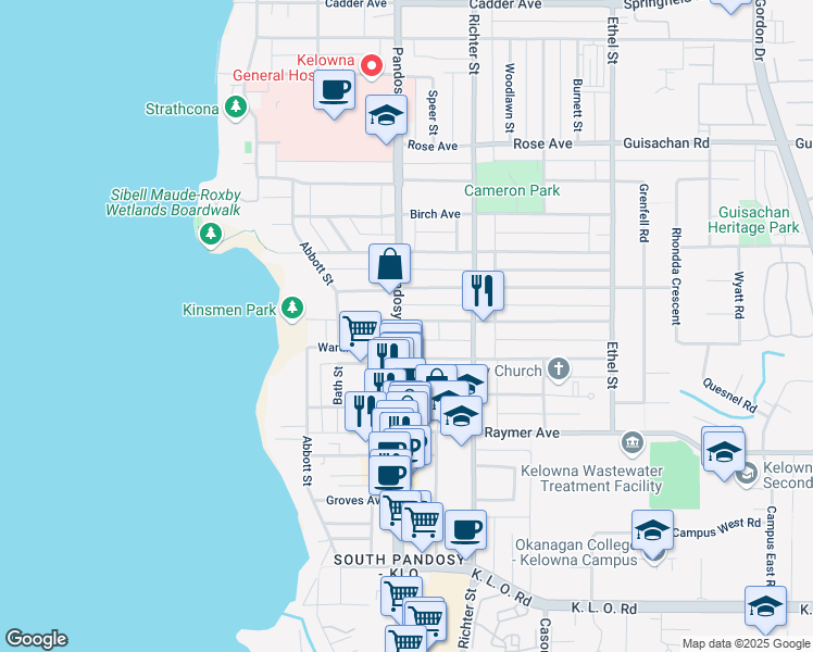 map of restaurants, bars, coffee shops, grocery stores, and more near 2602 Pandosy Street in Kelowna