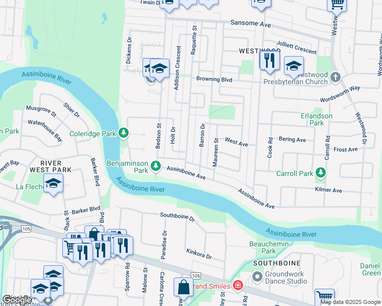 map of restaurants, bars, coffee shops, grocery stores, and more near 133 Raquette Street in Winnipeg