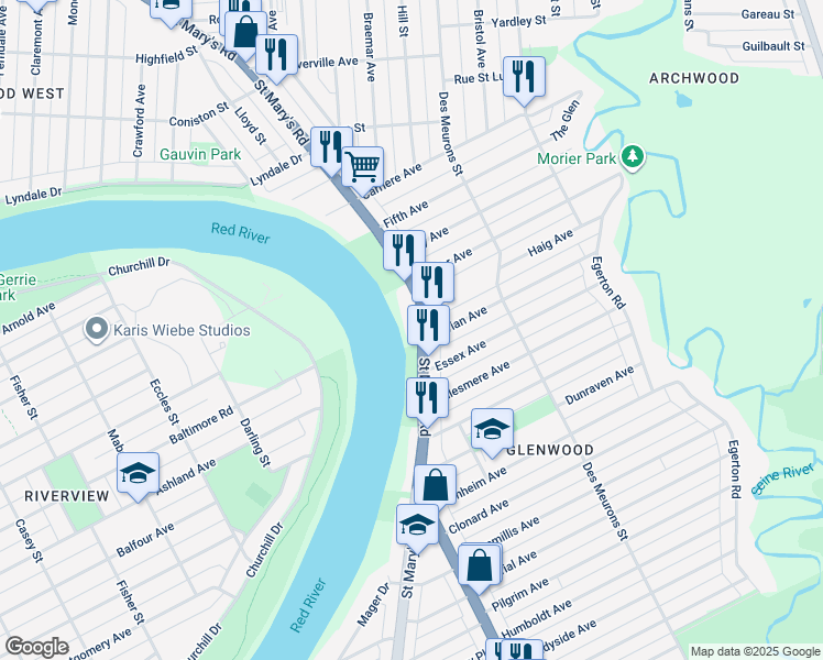 map of restaurants, bars, coffee shops, grocery stores, and more near in Winnipeg
