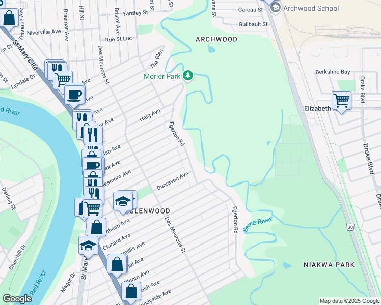 map of restaurants, bars, coffee shops, grocery stores, and more near 105 Egerton Road in Winnipeg