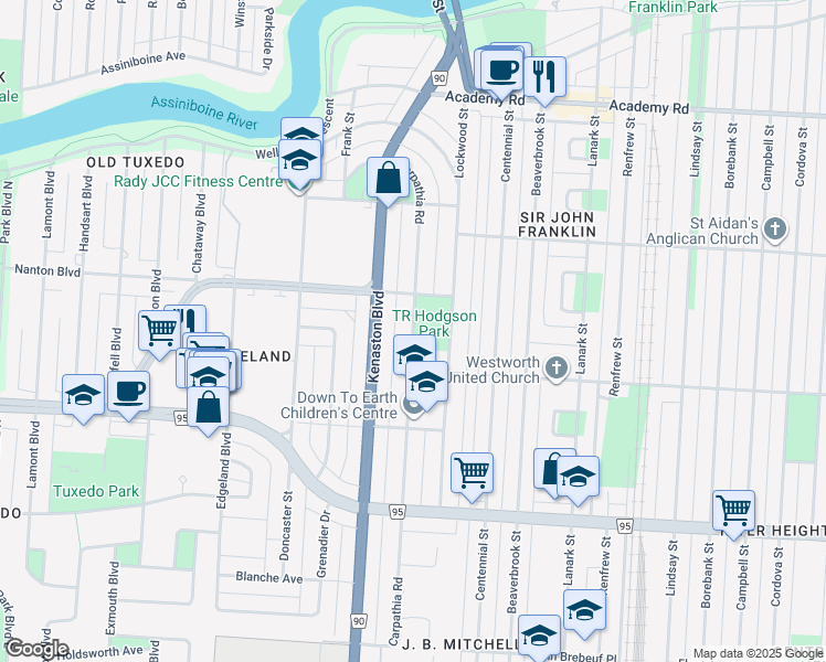 map of restaurants, bars, coffee shops, grocery stores, and more near 277 Carpathia Road in Winnipeg