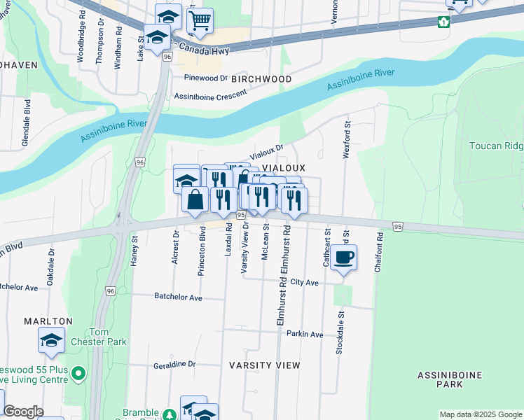 map of restaurants, bars, coffee shops, grocery stores, and more near 3411 Roblin Boulevard in Winnipeg