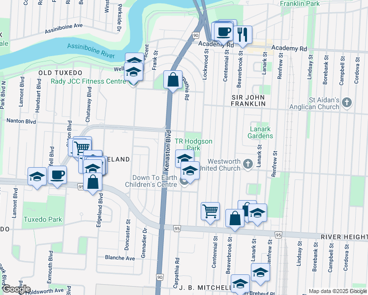 map of restaurants, bars, coffee shops, grocery stores, and more near 265-313 Carpathia Road in Winnipeg