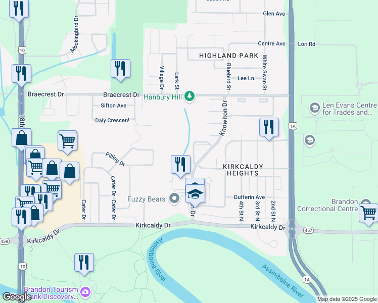 map of restaurants, bars, coffee shops, grocery stores, and more near 1030 Kingston Place in Brandon
