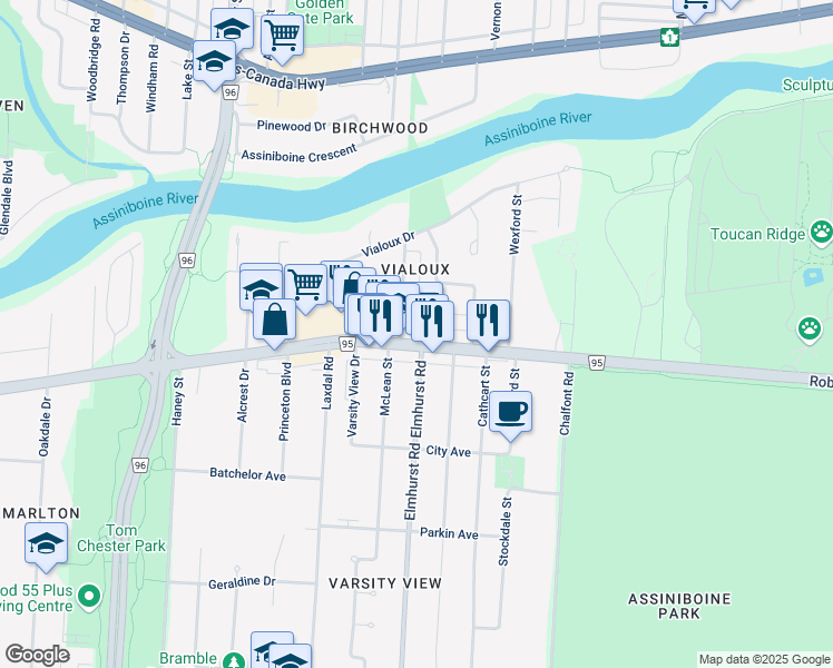 map of restaurants, bars, coffee shops, grocery stores, and more near 27 Kingshead Close in Winnipeg