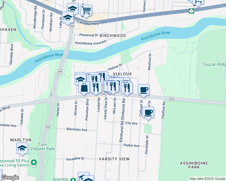 map of restaurants, bars, coffee shops, grocery stores, and more near 3411 Roblin Boulevard in Winnipeg