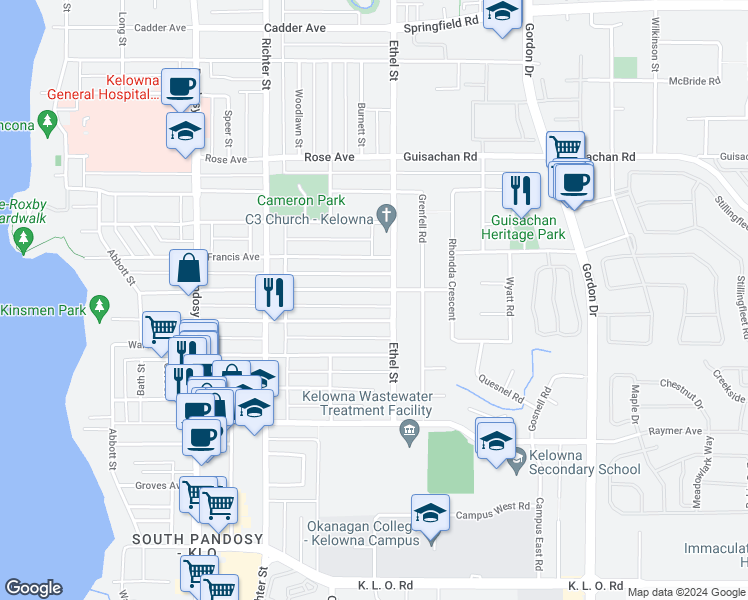 map of restaurants, bars, coffee shops, grocery stores, and more near 857 Morrison Avenue in Kelowna
