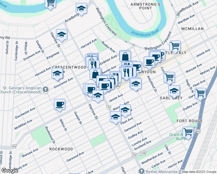 map of restaurants, bars, coffee shops, grocery stores, and more near 904 McMillan Avenue in Winnipeg