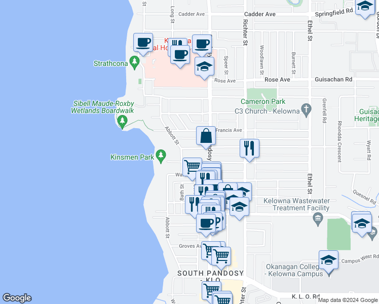 map of restaurants, bars, coffee shops, grocery stores, and more near 439 Morrison Avenue in Kelowna