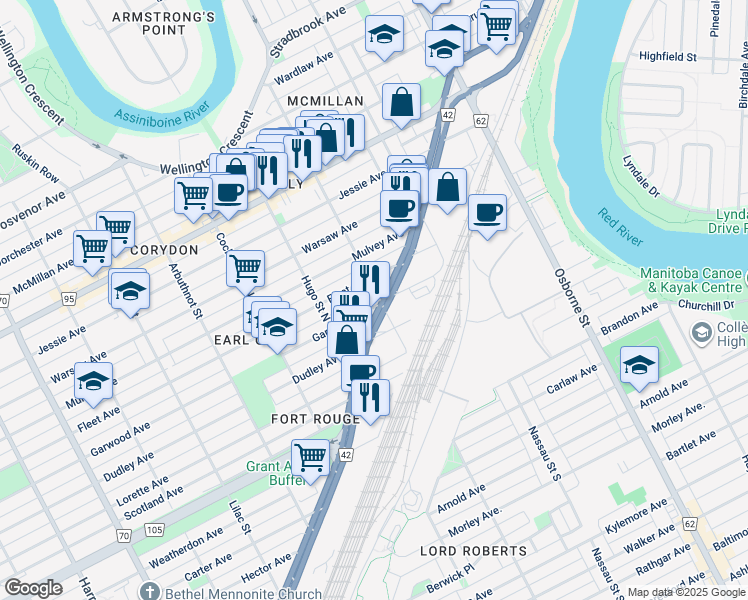 map of restaurants, bars, coffee shops, grocery stores, and more near 589 Garwood Avenue in Winnipeg