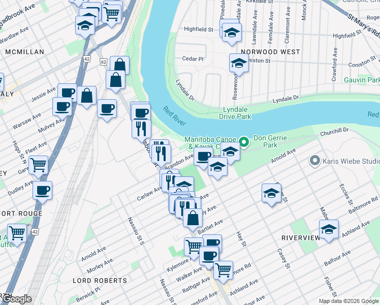 map of restaurants, bars, coffee shops, grocery stores, and more near 377 Brandon Avenue in Winnipeg