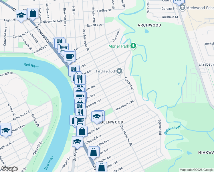map of restaurants, bars, coffee shops, grocery stores, and more near 75 Essex Avenue in Winnipeg