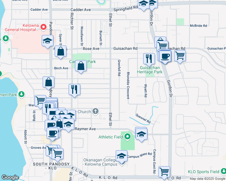 map of restaurants, bars, coffee shops, grocery stores, and more near 925 Morrison Avenue in Kelowna