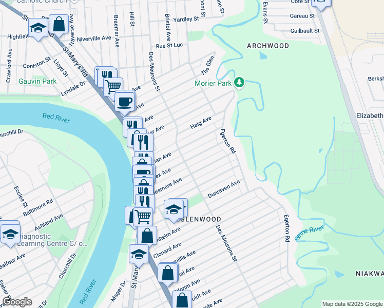 map of restaurants, bars, coffee shops, grocery stores, and more near 75 Essex Avenue in Winnipeg