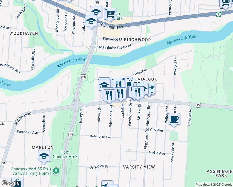 map of restaurants, bars, coffee shops, grocery stores, and more near 3611 Roblin Boulevard in Winnipeg