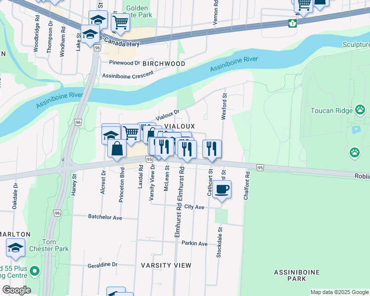 map of restaurants, bars, coffee shops, grocery stores, and more near 27 Kingshead Close in Winnipeg