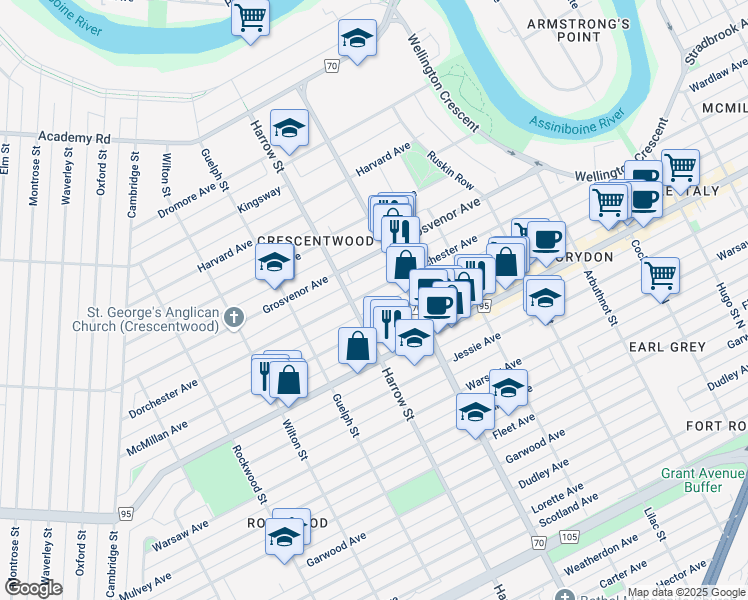 map of restaurants, bars, coffee shops, grocery stores, and more near 950 Dorchester Avenue in Winnipeg