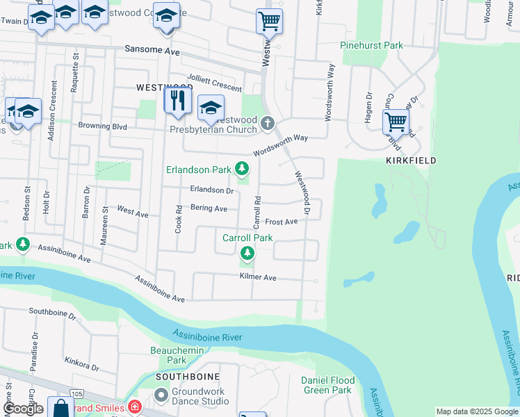 map of restaurants, bars, coffee shops, grocery stores, and more near 207 Carroll Road in Winnipeg