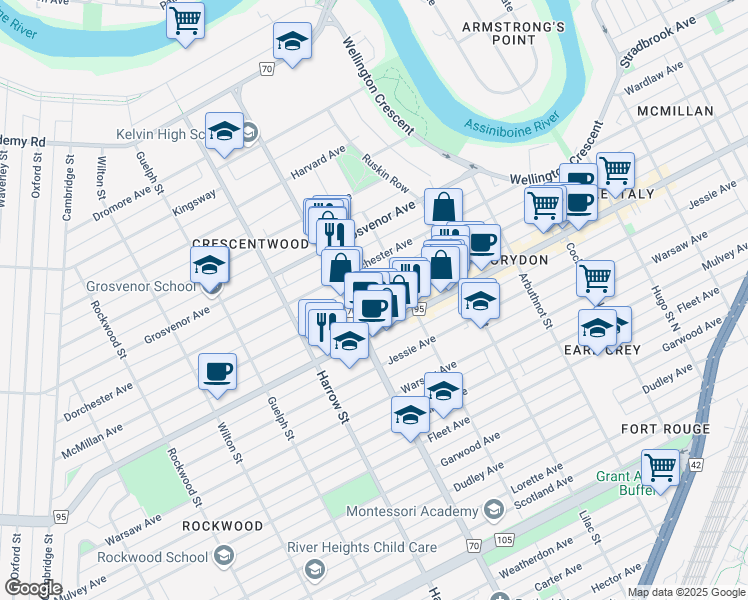 map of restaurants, bars, coffee shops, grocery stores, and more near 904 McMillan Avenue in Winnipeg