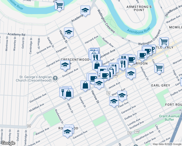 map of restaurants, bars, coffee shops, grocery stores, and more near 944 Dorchester Avenue in Winnipeg