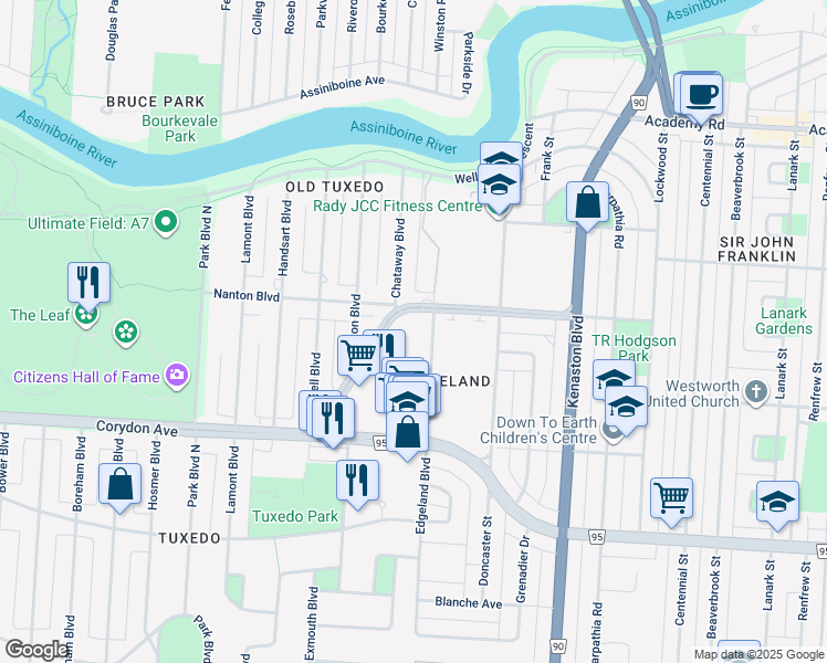map of restaurants, bars, coffee shops, grocery stores, and more near 160 Tuxedo Avenue in Winnipeg