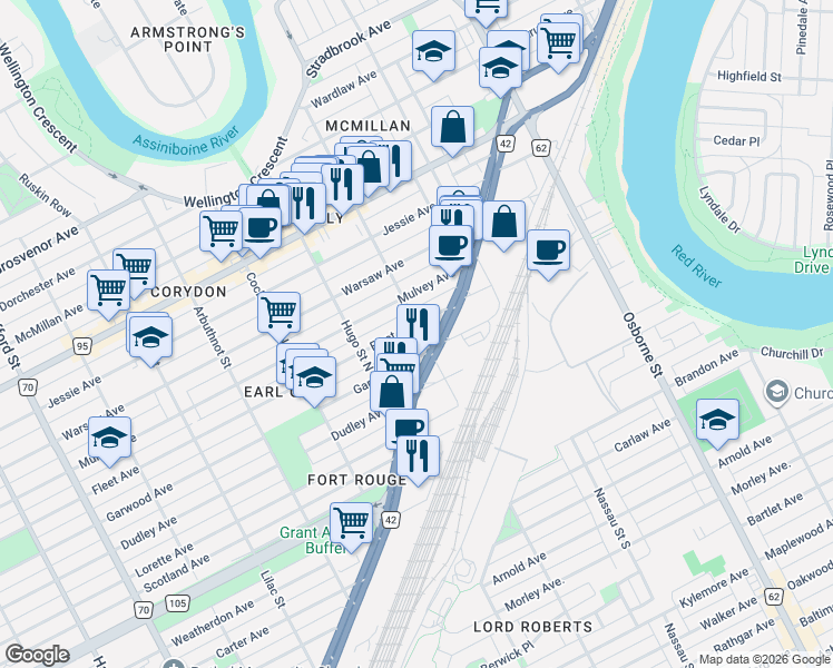 map of restaurants, bars, coffee shops, grocery stores, and more near 589 Garwood Avenue in Winnipeg