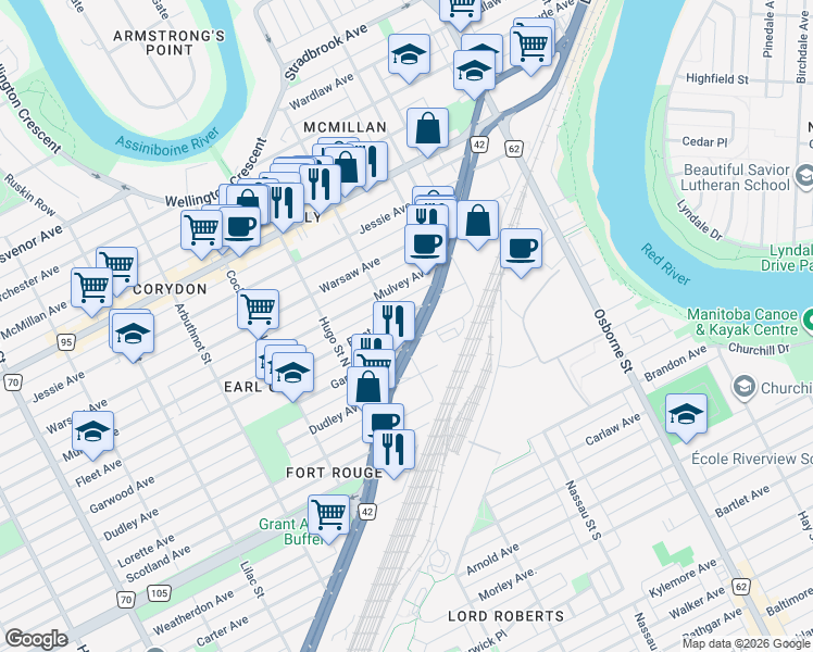 map of restaurants, bars, coffee shops, grocery stores, and more near 399 Pembina Highway in Winnipeg
