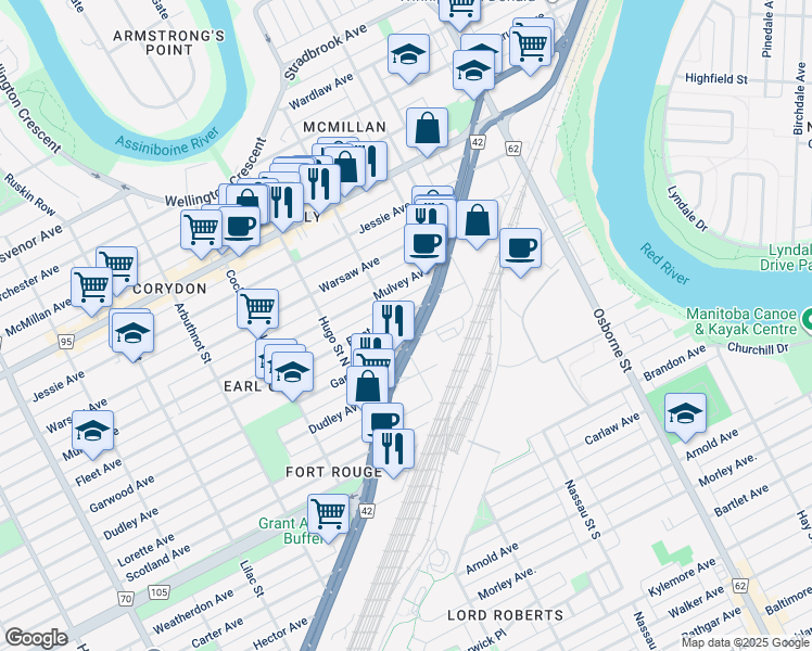 map of restaurants, bars, coffee shops, grocery stores, and more near 589 Garwood Avenue in Winnipeg