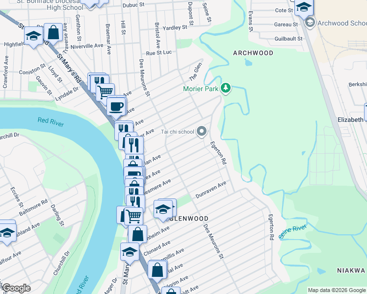 map of restaurants, bars, coffee shops, grocery stores, and more near 80 Vivian Avenue in Winnipeg