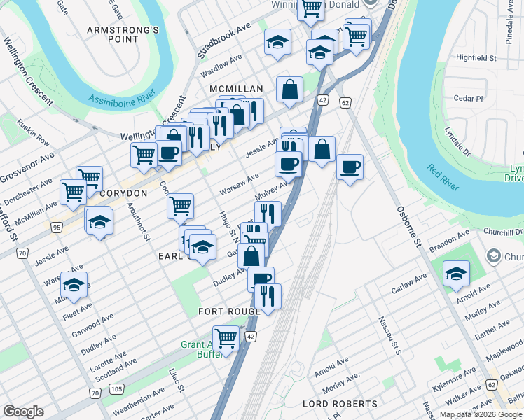map of restaurants, bars, coffee shops, grocery stores, and more near 351 Daly Street North in Winnipeg
