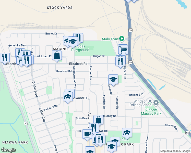 map of restaurants, bars, coffee shops, grocery stores, and more near 78 Howden Road in Winnipeg