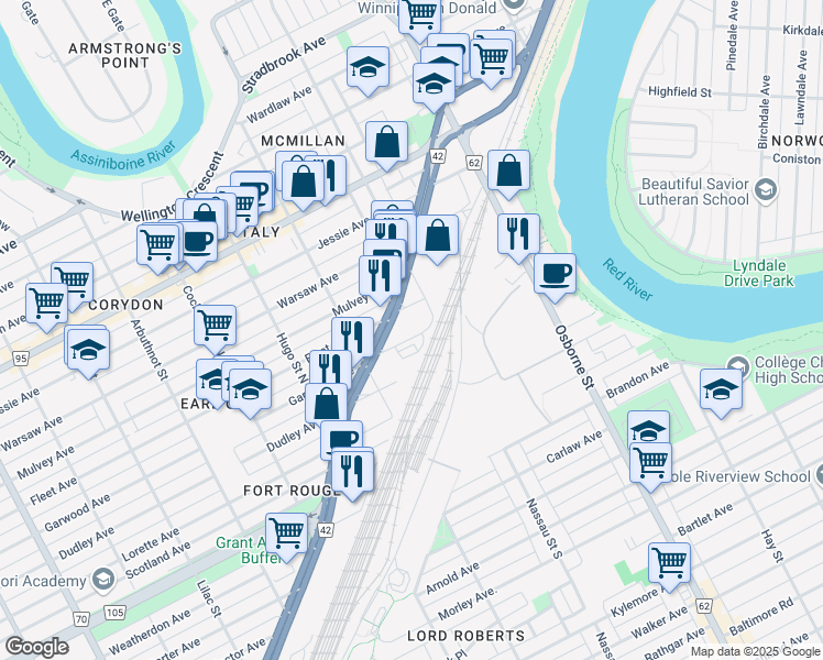 map of restaurants, bars, coffee shops, grocery stores, and more near 543 Garwood Avenue in Winnipeg