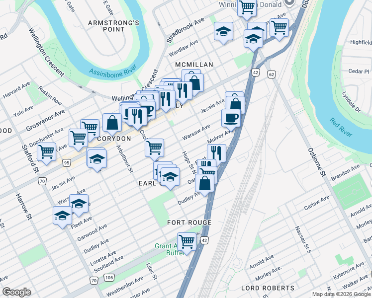 map of restaurants, bars, coffee shops, grocery stores, and more near in Winnipeg