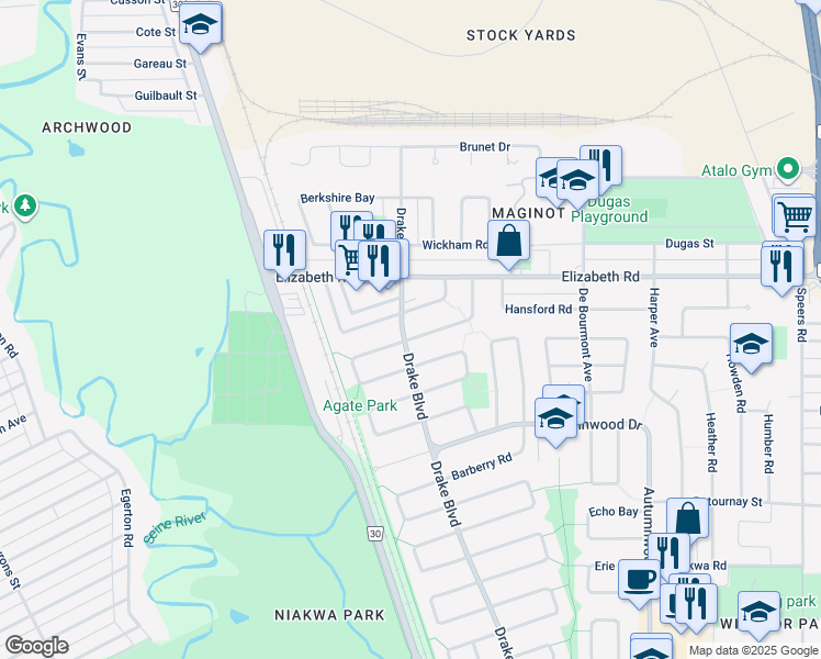 map of restaurants, bars, coffee shops, grocery stores, and more near 1 Alderwood Road in Winnipeg