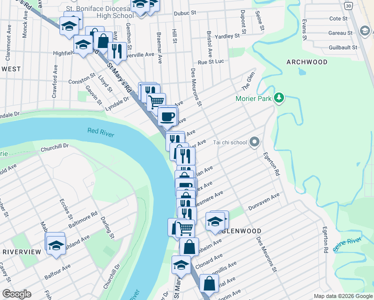 map of restaurants, bars, coffee shops, grocery stores, and more near 0 Morier Avenue in Winnipeg
